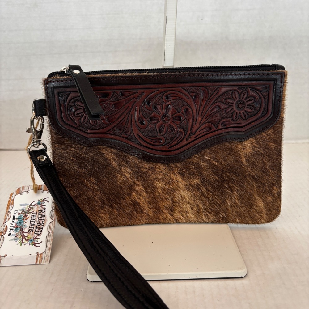 Wristlet Bag Womens Brindle Brown Cowhide Tooled Leather Floral Western New